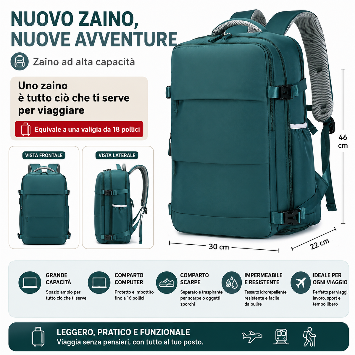 Zaino da Cabina 40x20x25 - Comodo e Capiente
